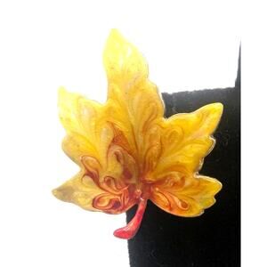 VINTAGE JAPAN Enamel Leaf Brooch Yellow Orange Fall Metal Pin 2in